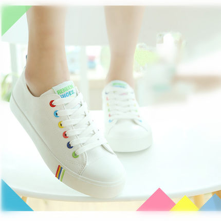 人本七彩低帮中学生帆布鞋女韩版潮系带休闲学