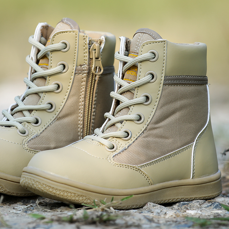 Children's combat boots men's autumn and winter single shoes Korean version of Black single boots high Martin boots men's shoes leather shoes