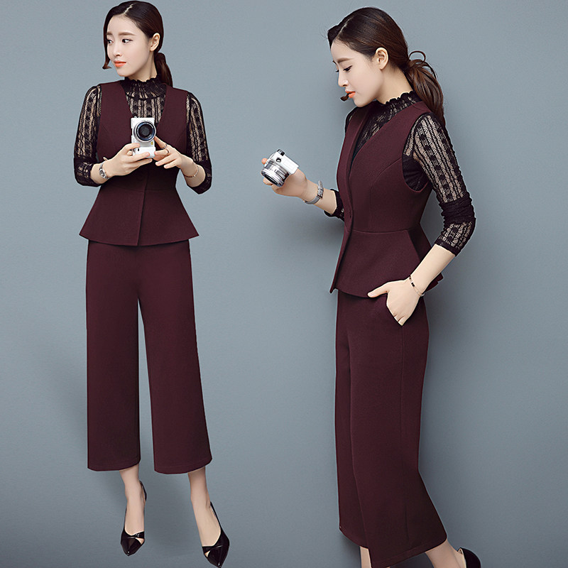时尚套装女春季无袖修身背心马甲长袖打底显瘦阔腿裤九分裤三件套