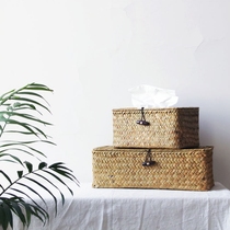 Japanese seagrass woven rattan woven toilet living room creative tissue box tube napkin paper towel set pumping paper box