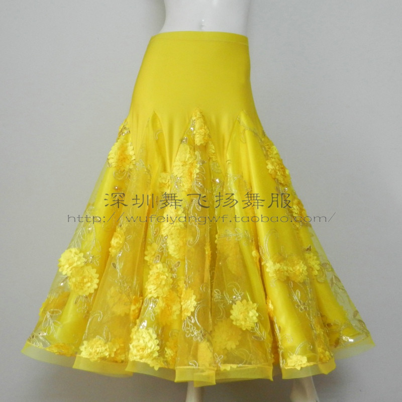 Dance Fly on social dance Fancy Double Flowers Bright Sheet National Mark Dance Large Pendulum Practice Skirt Morden Dance Half Body Skirt KD079