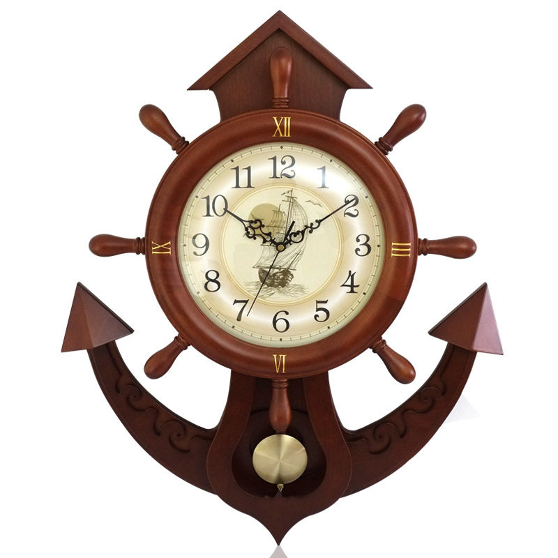 Creative wall wall clock living room European Solid wooden clock rudder silent clock modern mounted Mediterranean quartz clock