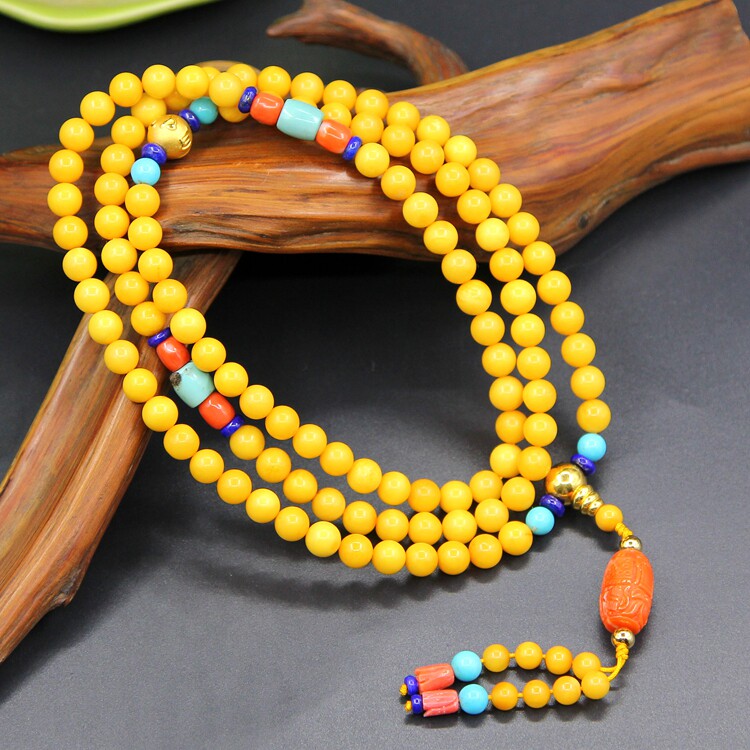 Natural chicken oil beeswax with 24K pure gold six-character mantra natural sea red stone beads 7 5m