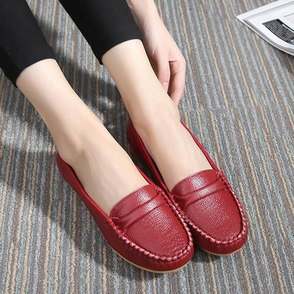 鞋子平底皮鞋浅口女士平跟真皮软底豆豆鞋大码