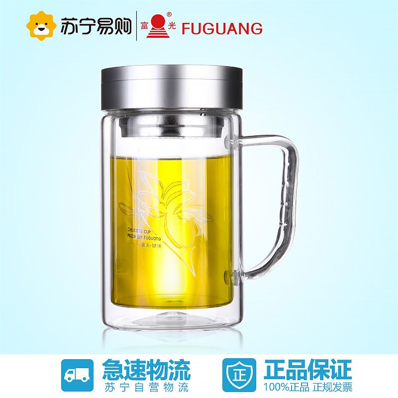 【苏宁易购】富光双层玻璃杯 透明带盖过滤大容量水杯 办公杯杯子