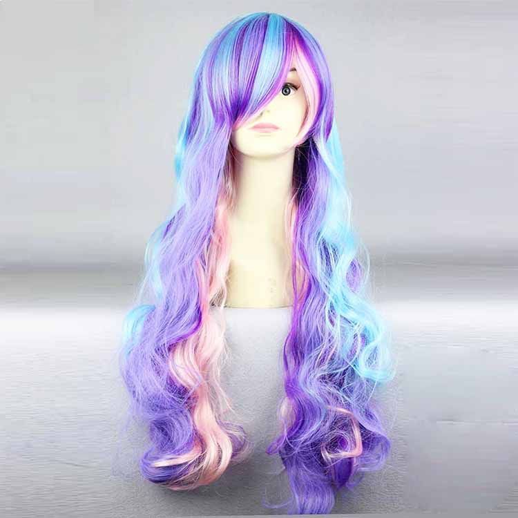 Long Curly Teal Blue Purple Two Tone Cosplay Wig Harajuku Wig