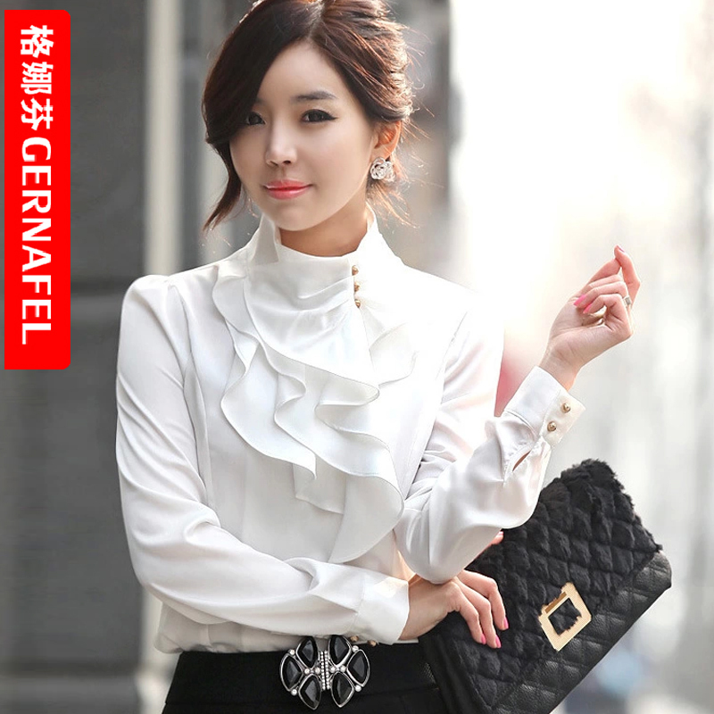 White Long-Sleeved Chiffon Shirt with Ruffles, 2026 Spring New Style, High-Neck, Middle-Aged Mother's Fleece-Lined Base Shirt