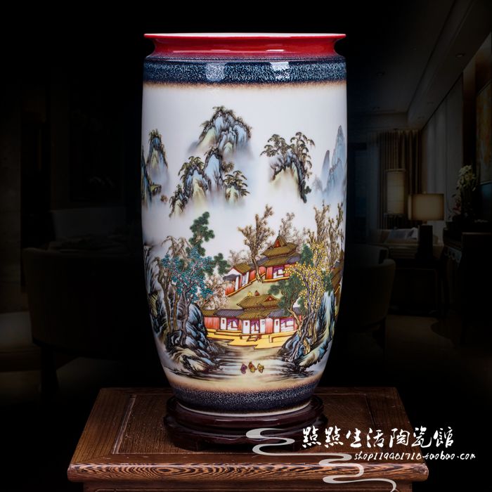 Jingdezhen porcelain floor-to-ceiling large vase Hand-painted pastel pine forest figure Living room home decoration calligraphy and painting quiver ornaments