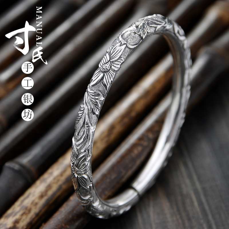 National style 99 foot silver pure handmade Yunnan snowflake silver cylinder full carved lotus silver bracelet personality women's sterling silver bracelet