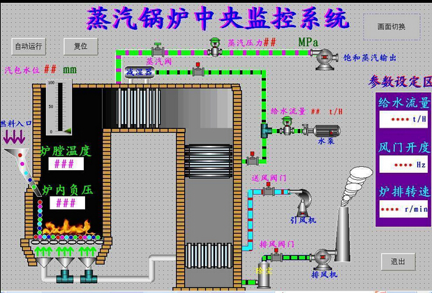 Boiler control temperature water level Kingview 653 monitoring system simulation operation program
