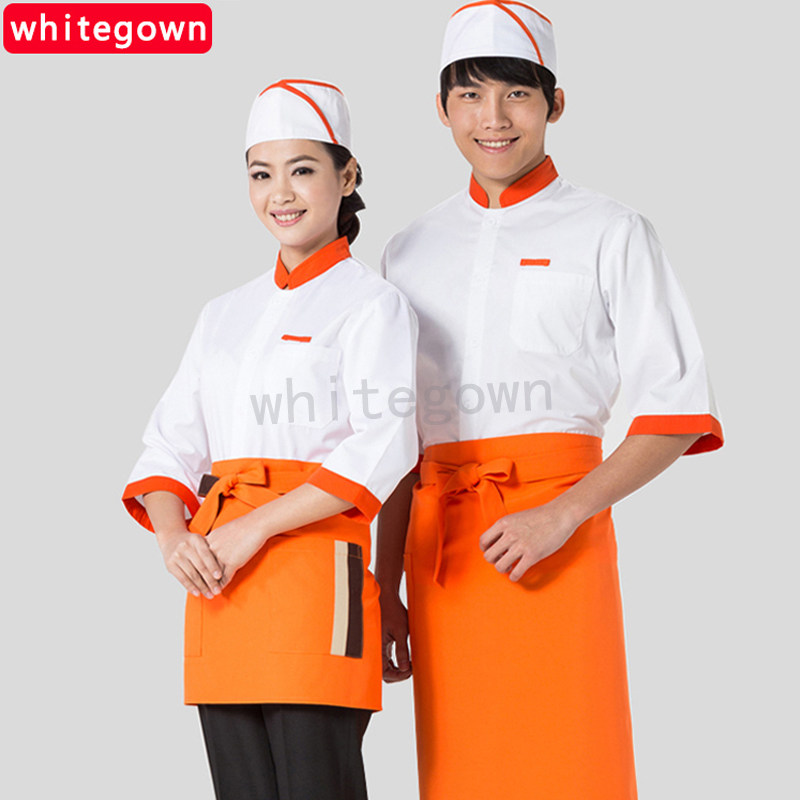 (whitegown) new three-quarter sleeve chef clothes single-breasted short-sleeved men's and women's chef clothes stand collar chef clothes