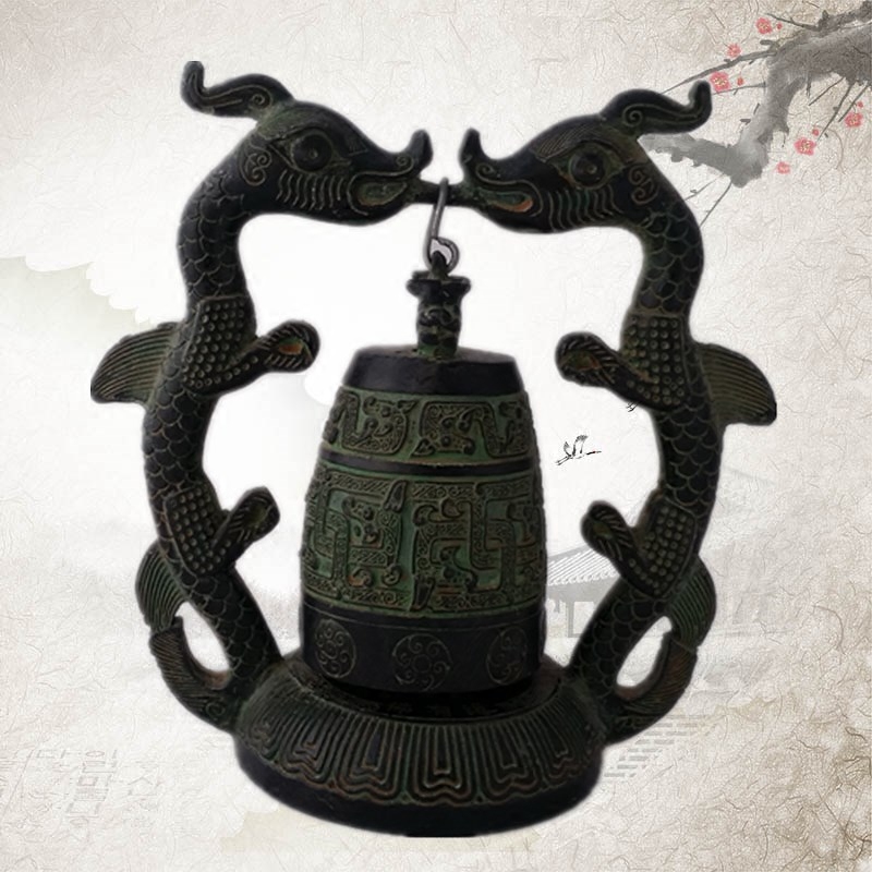 Bronze Ware Chime Replica Antique Pendulum double dragon bell ancient musical instrument Home Decorative Dining Room Door Hall Swing Piece