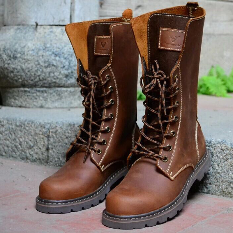 Genuine Leather Men's Boots, Cowhide Knight Boots, High-Top Motorcycle Boots, Mongolian Boots, Vintage Riding Boots, Trendy Work Boots, Casual Martin Boots