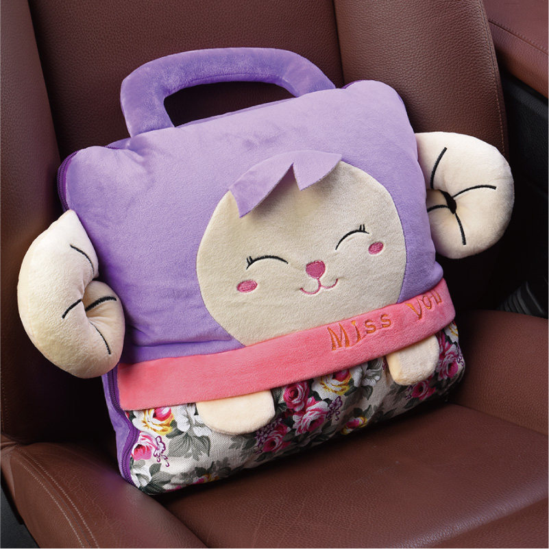 汽车抱枕被子两用珊瑚绒空调被多功能可爱卡通车用抱枕靠垫被折叠
