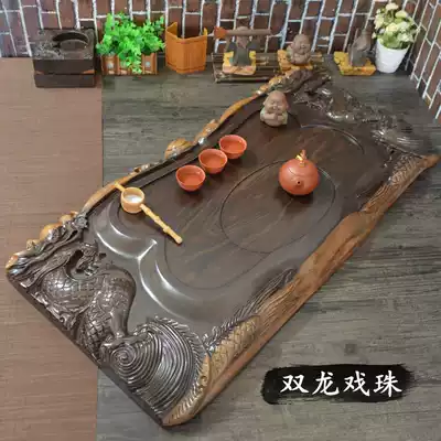 Ebony tea tray carved whole solid wood log tea table large Mahogany luxury office tea sea double dragon play beads