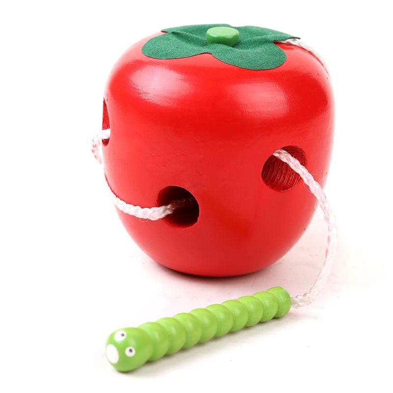 Wooden hooded classic teaching aids for eating fruits early to teach threading toys Mao caterpillars eat apple-parenting puzzle