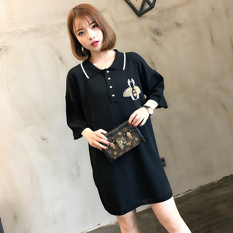 韩版Polo领中长款侧边开衩T恤女休闲显瘦蜜蜂刺绣时尚中袖连衣裙