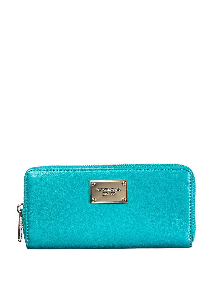 Michael Kors JET SET ITEM系列海蓝色金属铭牌顶部拉链长款钱包