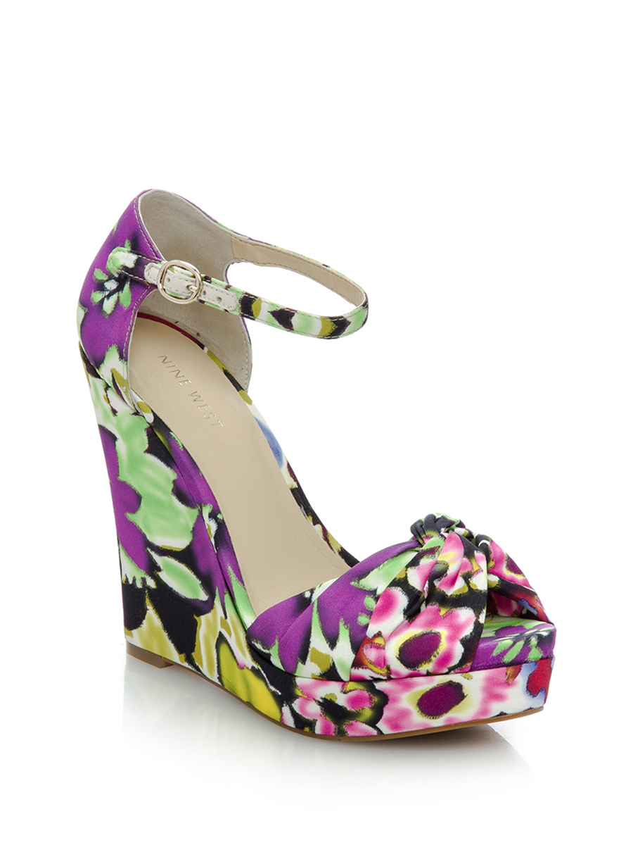 Nine West/玖熙 复古彩色布艺露趾坡跟鞋