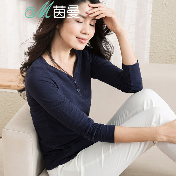 茵曼 纯棉 女式长袖V领T恤 天猫优惠券折后￥79包邮（￥89-10）3色可选