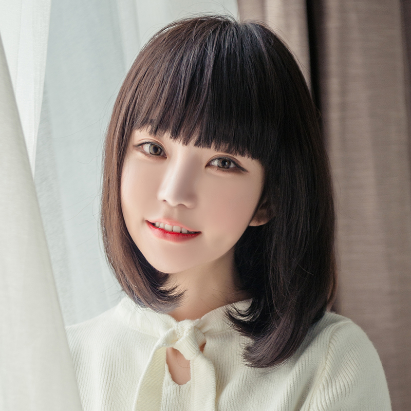 尚青丝 真发假发套 真人发丝 齐刘海假发女 中长直发 短发bobo头