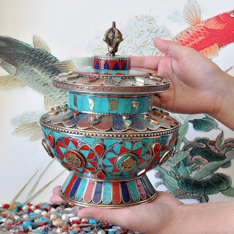 Nepal pure handmade red copper filigree imitation turquoise eight auspicious treasure vase rice box God of wealth vase large