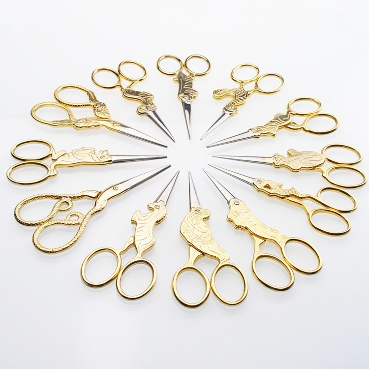 Gilded XII zodiac family retro scissors DIY hand cut cross embroidered scissors hand small cut