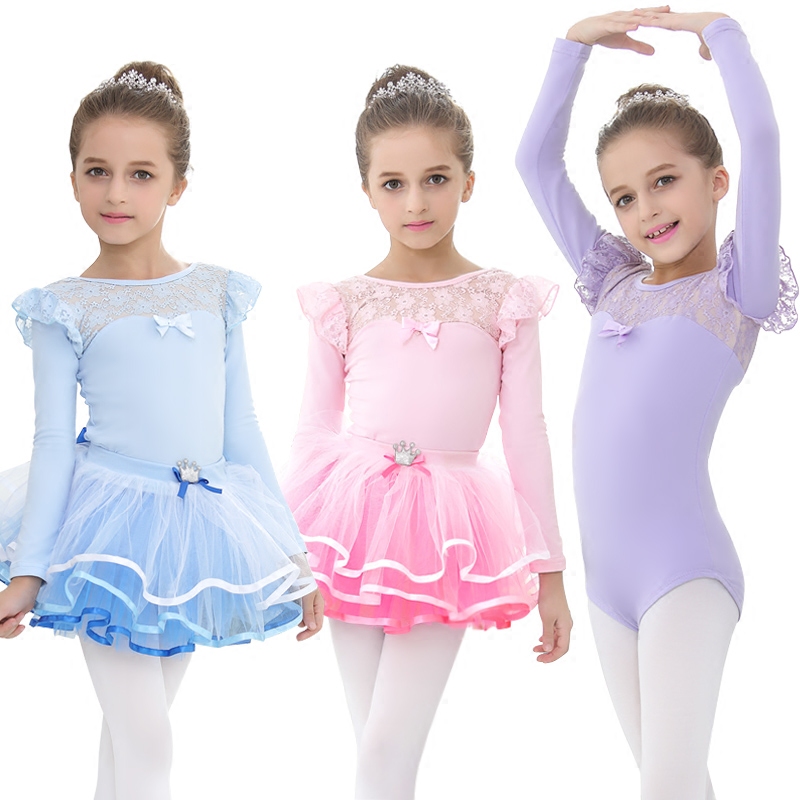 Girl Autumn Winter Long Sleeve Pure Cotton Two-piece Dance Suit Ballet Dancer Dress Fluffy Skirt Children Practice Costume 1368