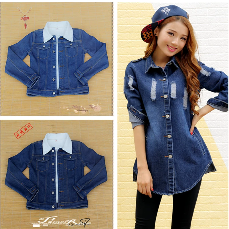 Áo khoác denim lông cừu sang trọng của phụ nữ áo vest denim dài giữa phiên bản Hàn Quốc của lỗ tất cả các trận đấu dày lên thu đông và phong cách áo khoác mới - Áo vest