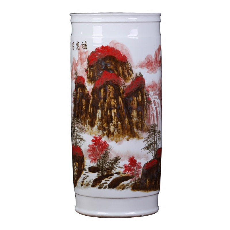 Jingdezhen ceramics up with landscape painting and calligraphy cylinder quiver scroll cylinder vase office study landing place