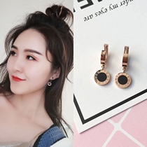 Korean version titanium steel plated 18K rose gold Roman numerals ear ring ear buckle earrings women fashion thin temperament ear jewelry