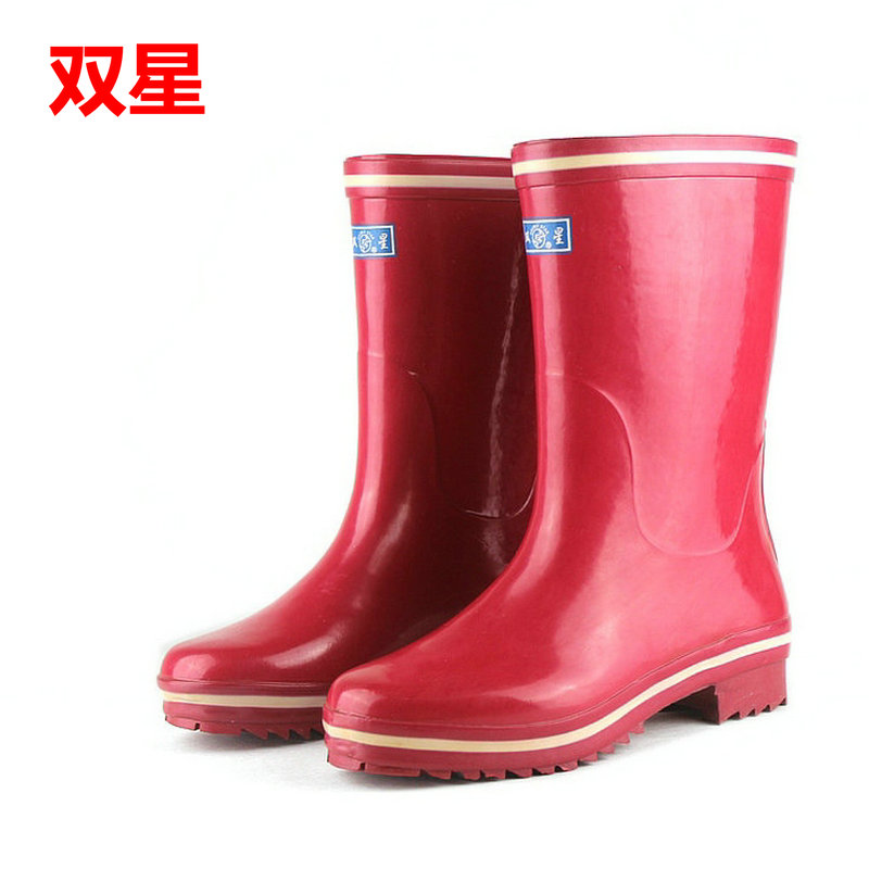 Double star rubber rain shoes women's tube spring and autumn rain boots water shoes waterproof boots non-slip overshoes cotton cloth lining labor protection boots