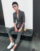 Nightclub hair stylist tooling trend team uniform seven short small suit men Korean slim sleeve suit two-piece set