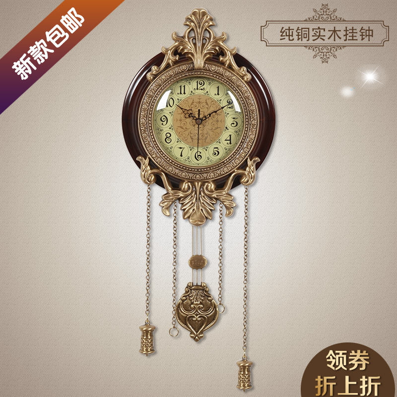 TQJ hung clock Eurostyle bedroom clock pure copper solid wood living room single face hanging watch mute pendulum clock fashion watches