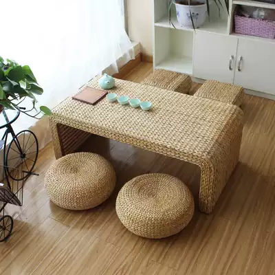 Straw woven rattan tatami coffee table Japanese kang table Small Kang table Small tea table Solid wood low table Low table Simple kang table