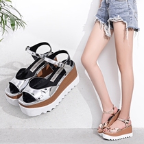 Muffin sandals women 2021 summer New Square head platform shoes womens slope heel fish mouth leather British Star Pine cake shoes