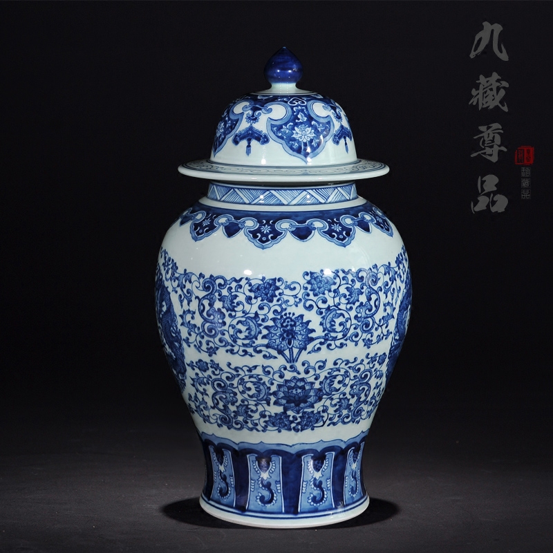 Jingdezhen ceramic vases, antique general blue dragon playing bead tank storage tank Chinese sitting room adornment is placed