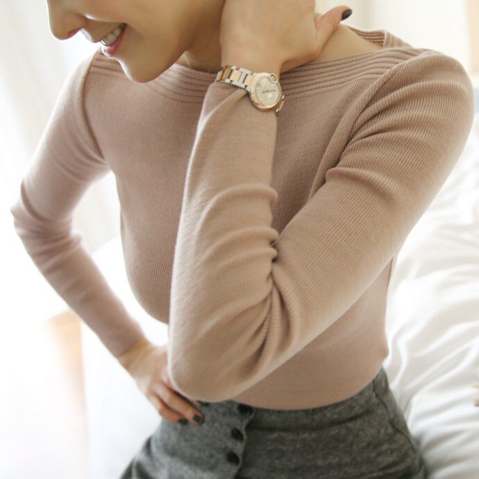 HChen Korea imported spot intellectual elegant lady gentle temperament commuter one-shoulder slim thin knitted sweater