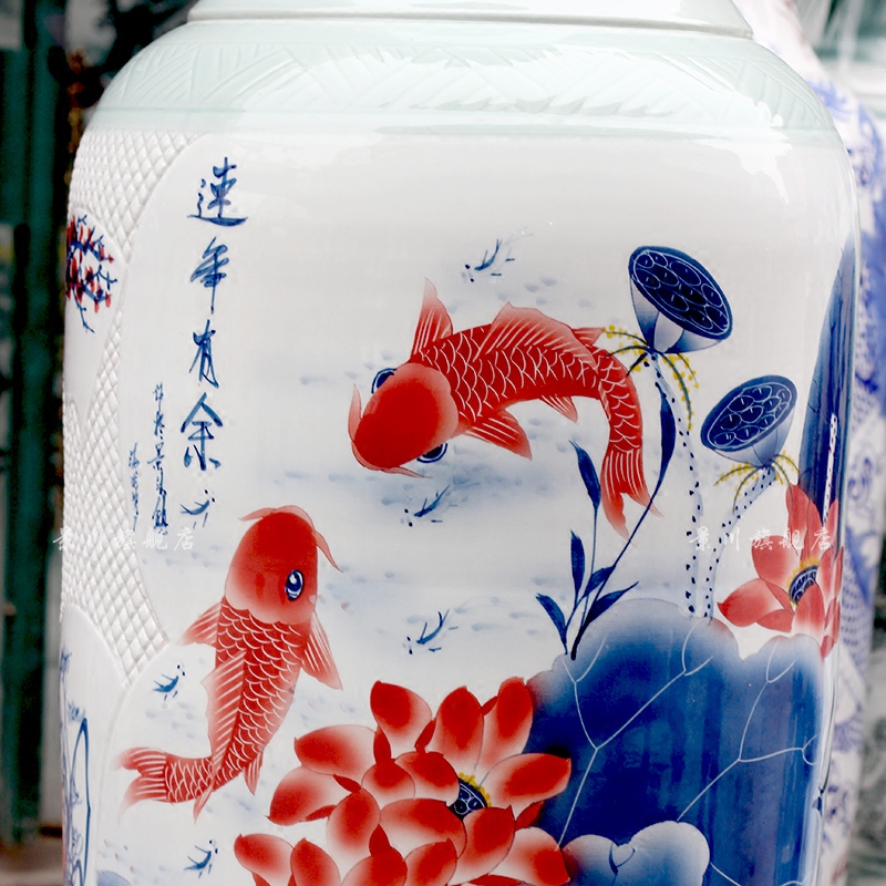 Hand made peony lotus carving shadow blue fish large vases, jingdezhen ceramics hotels sitting room large furnishing articles