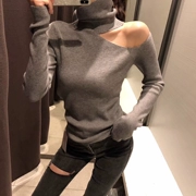 Mùa thu đông 2018 mới ulzzang dài tay áo thun cổ cao lệch vai Slim áo len đáy đáy màu trơn