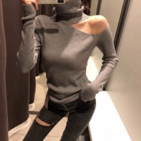 Mùa thu đông 2018 mới ulzzang dài tay áo thun cổ cao lệch vai Slim áo len đáy đáy màu trơn áo khoác cardigan nữ