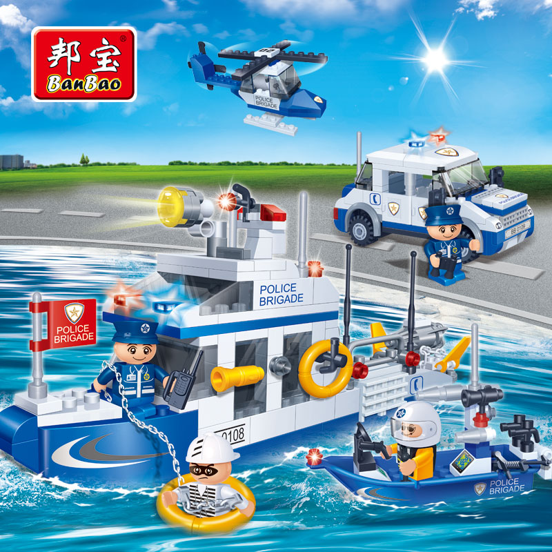 Bunbao Police Police Car Assembly Building Blocks Marine Police Children Assembly Puzzle Boy Toys 6-7-10-12 years old