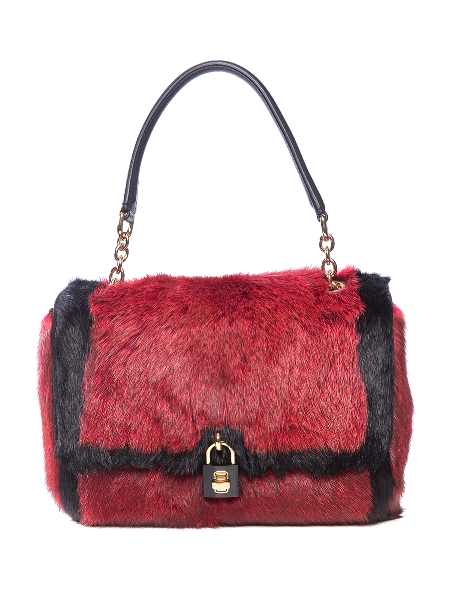 Dolce&Gabbana 黑红拼色皮毛拼接旋扣手提包