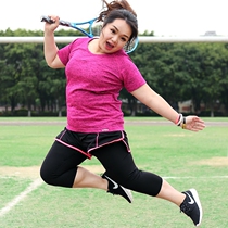 Large-code fitness suit female fat mm200 sports fake two pieces of seven pants set yoga running speed dry suit