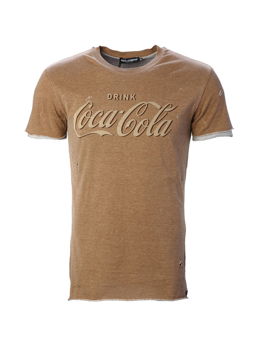Dolce&Gabbana 棕黄色圆领字母破洞饰短袖T恤