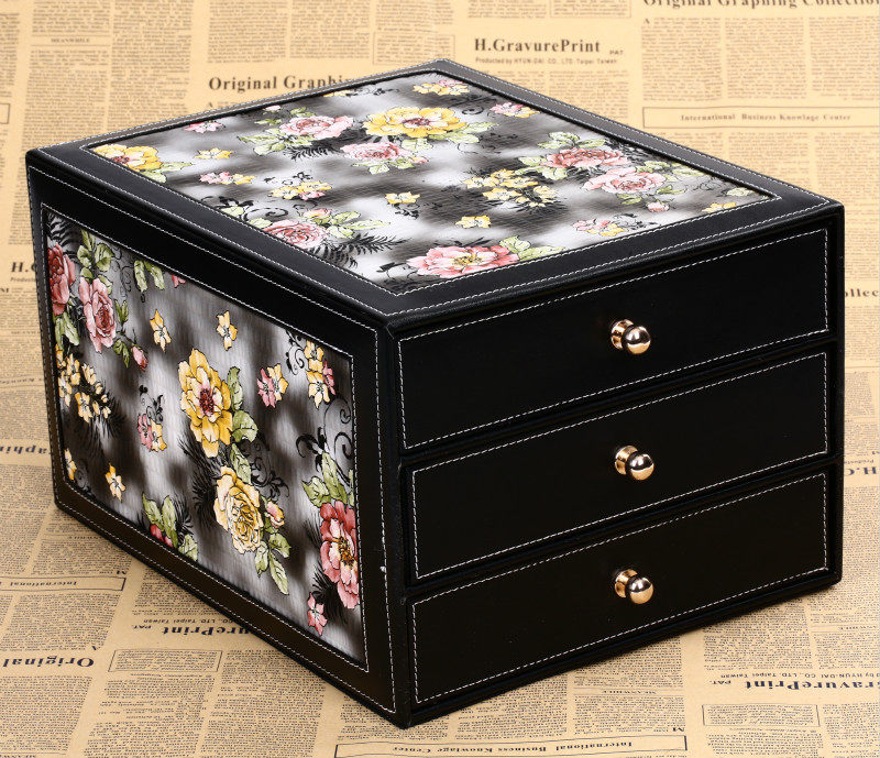 High-grade leather file storage box three-drawer A4 data finishing desktop cabinet office desktop storage box