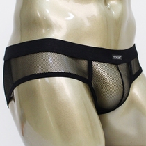 Summer ice silk ultra-thin mesh mesh transparent breathable U convex low waist young mens triangle boxer panties sexy