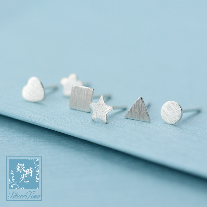 Silver time S925 pure silver ear pin mini wire drawing geometric earrings round square small flower star triangular ear decoration