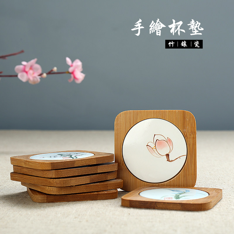 Square bamboo heat insulation pure hand-painted tea cup mat tea ceremony zero tea set ceramic square mat tea cup pot mat bamboo porcelain process