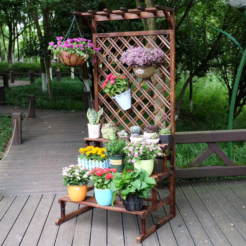 Outdoor anti-corrosion wood multi-layer solid wood flower stand Balcony ladder shelf Floor grid hanging orchid stand white